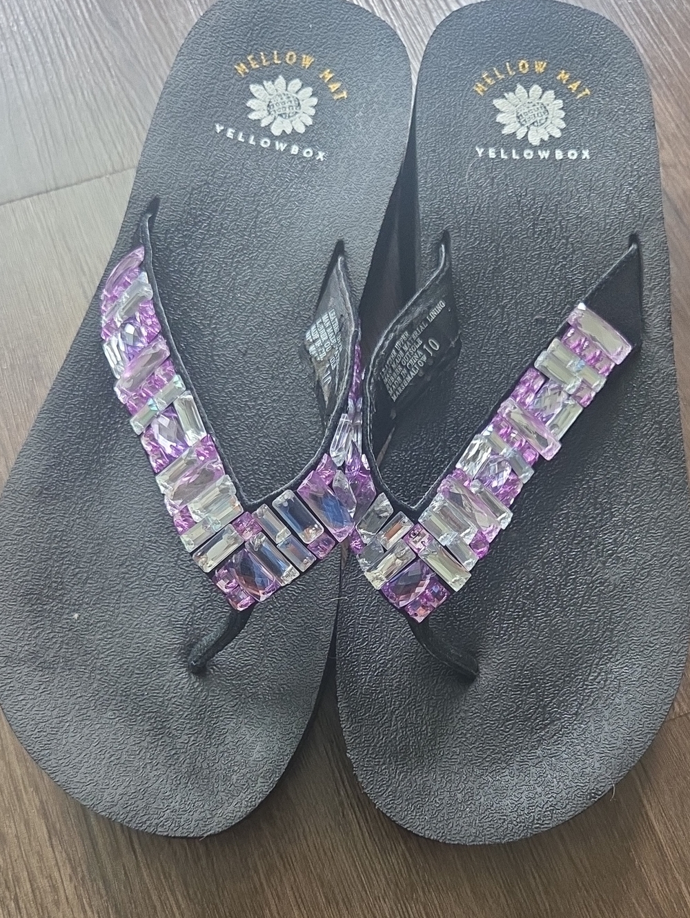 Yellow Box Black Sandals with Purple Crystal Straps